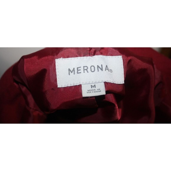 Merona Two Button Maroon Suit Jacket Split Sleeve Flair Bottom Sz M Faux Pockets - Picture 10 of 11